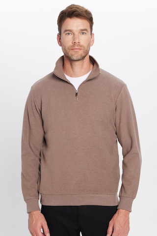 Tudors Unisex Relax Fit Rahat Kesim Fitilli Desenli Pamuklu Yarım Fermuarlı Kahverengi Dik Yaka Sweatshirt-31979 Kahverengi