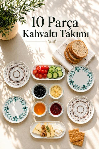 10 Parça 4 Kişilik Leaf Stoneware Kahvaltı Takımı - Özel Desenli Kahvaltılık Servis Sunum Seti Çok Renkli