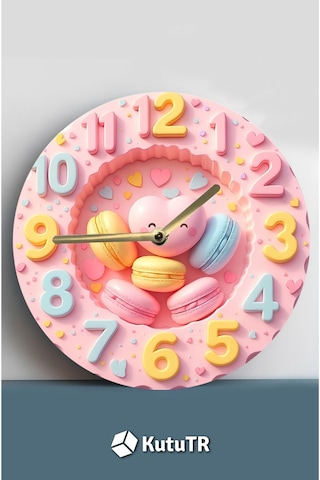 Pembe Kalpli Makaron Temalı Mdf Duvar Saati 3d Görünümlü, 2d Hd Baskı, Sessiz Mekanizmalı, Sdw233 Renkli