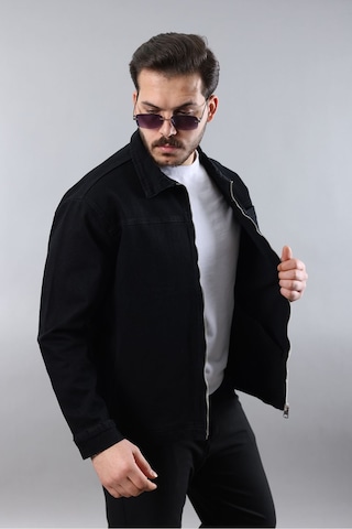 Erkek Regular Fit Siyah Spor Model Fermuarlı Kot Ceket Siyah