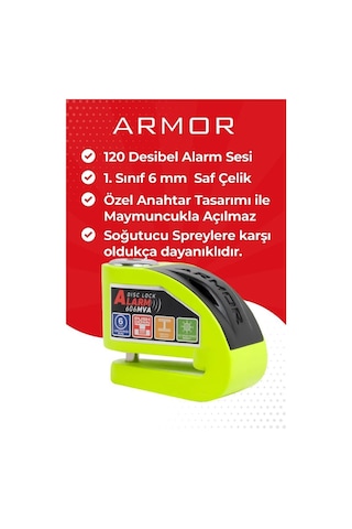 Armor Alarmlı Motorsiklet Disk Kilidi Çelik Gövde 606 Mva 6mm-yeşil
