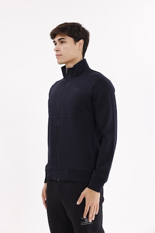 Rowinger Üç Cepli Yaka Detaylı Fermuarlı Rahat Kesim Ribana Manşetli Mevsimlik Sweatshirt Blue
