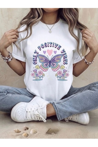 Only Posıtıve Vıbes Baskılı Oversize Kompak T-shirt Beyaz