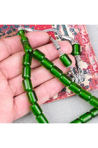 Ateş Kehribar Alpaka Püsküllü Kapsül Kesim 9x12mm Tesbih - Şeffaf Yeşil