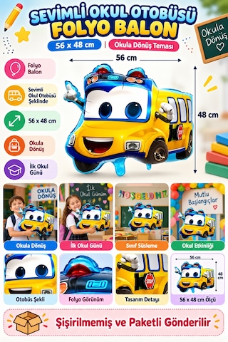 Folyo Balon Sevimli Okul Otobüsü 56x48 Cm Okula Dönüş İlk Okul Günü Dekorasyon Balonu Diğer