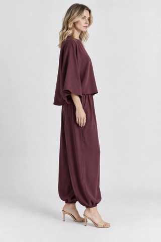 Mevese Rahat Kesim Modal Takım - Yarasa Kol Oversize Bluz Ve Geniş Paça Şalvar Pantolon - Mürdüm