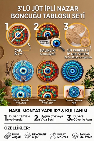 Nazar Boncuğu Kristal Mdf İpli Tablo Seti, 3 Lü Modern Duvar Dekoru, Salon, Oturma Odası, Ev İçin
