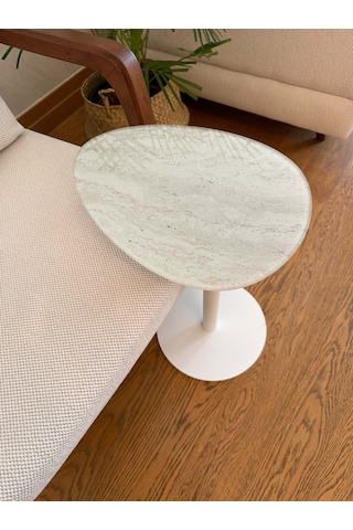 Traverten Mermer Desenli Modern 40x30 Cm Zigon Yan Sehpa 6 Mm Temper Cam