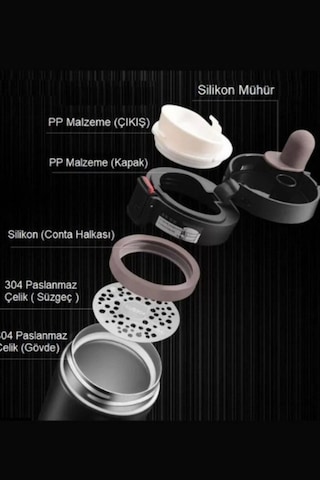 12 Saate Kadar Sıcak Soğuk Tutma Filtreli Gri Mug Termos 380 Ml Çift Katmanlı Kamp Termosu Sus 304 Gri - Siyah