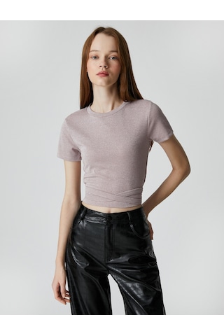 Koton Crop Tişört Bisiklet Yaka Kısa Kollu Simli Beli Bağlamalı Pembe 3sal10104ık 3SAL10104IK253 Gül Rengi