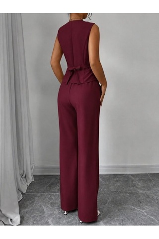 Efnaz Style Kadın Askılı Önden Düğmeli Bluz Ve Pantolon Keten Ikili Takım Bordo