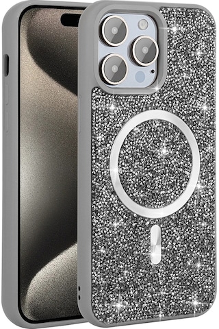 Apple Uyumlu iPhone 14 Pro Max Kılıf Pırlanta Tasarımlı Magsafe Şarj Özellikli Tchs Mozaik Silikon Kapak - Desert Gri