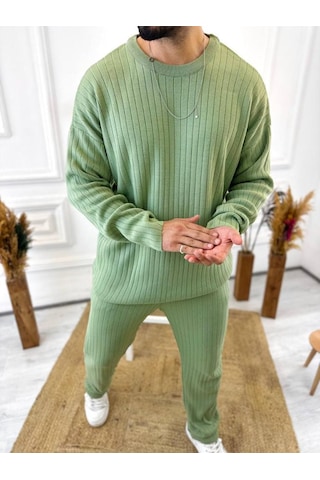 Uzun Kollu Tişört Fitilli Örme Triko Yumuşak Dokulu Tüylenmez Pamuklu Kazak Sweatshirt Mint Yeşili