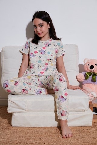 Lela % 100 Pamuk Bisiklet Yaka Kısa Kollu Kız Çocuk Pijama Takımı 6651004 Bej