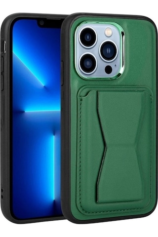 Apple Uyumlu iPhone 12 Pro Max Kılıf Kartlıklı Standlı Pu Deri Zore Memo Kapak Koyu Yeşil