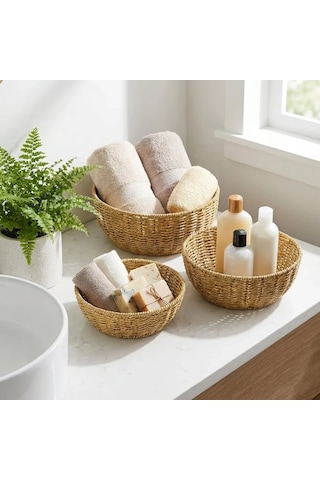 3 Lü Plastik Rattan Çanak Seti Hasır Görünümlü İç İçe Geçebilen Sunum Ve Düzenleme Kaseleri, Mutfa Çok Renkli