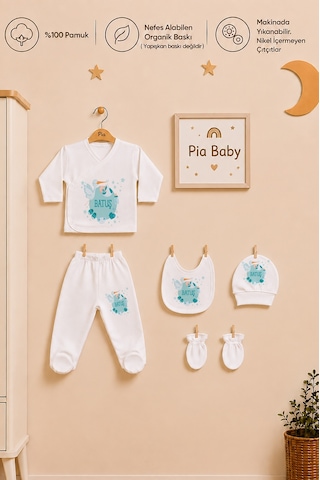 Pia Baby Erkek Bebek İsimli Hastane Çıkışı Seti 5'li Zıbın Takımı Penye Bebek Battaniyesi Ve Ham Bez Kıyafet Kesesi 2027bzkyx Krem