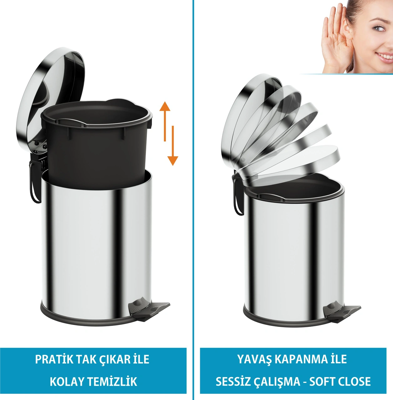 Aqua Bagno Basic Set - Klozet Fırçası + Çöp Kovası 5 L, 2 Parça, Parlak Krom Paslanmaz Krom