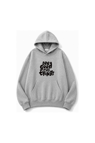 Herkesemoda See Good Baskılı Kanguru Cepli Oversize Sweatshirt Gri