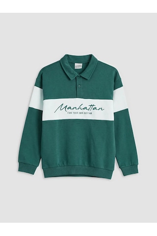 Lc Waikiki Yeşil Polo Yaka Manhattan Baskılı Erkek Çocuk Sweatshirt YESIL