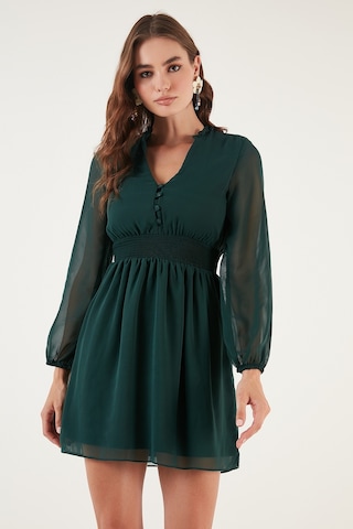 Lela V Yaka Regular Fit Gipeli Düğme Detaylı Şifon Mini Bayan Elbise 611El01433 Zümrüt