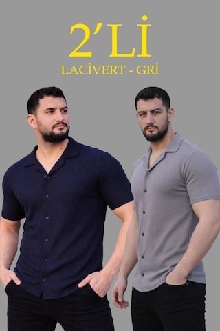 Mbb E-ticaret Erkek Waffle Kumaş Açık Yakalı Düğmeli Regular Fit Gömlek 2 Li Set Lacivert-gri