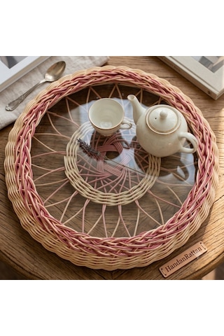 Handanrattan El Örgüsü Dekoratif Rattan Tepsi - 38 Cm Bohem Sunumluk Vişne&doğal