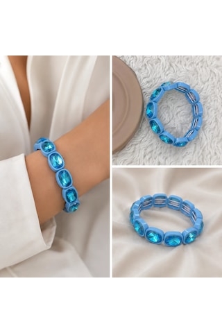 Premium Parlak Ve Şık Mavi Taşlı Esnek Lastikli Reçine Kadın Bileklik 20 Cm