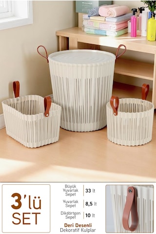 Flex 3lü Banyo Seti Deri Desenli Kulplu Lüx Banyo Mutfak Organizeri Çamaşır Sepeti Düzenleyici Krem Krem