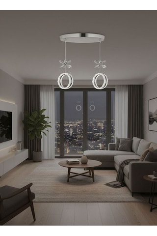 Zero Model 2"li Kristal Taşlı Gümüş 3 Renk Modu Ledli Salon Mutfak Oturma Odası Sarkıt Led Avize Metalik