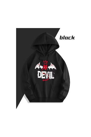Nevermind Sevgili Çift Kombin Devil & Angel Baskılı Renk Kapüşonlu Sweatshi Siyah