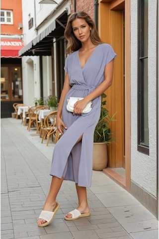 Kadın Kruvaze Yaka Cepli Derin Yırtmaçlı Beli Lastikli Aerobin Günlük Yazlık Elbise 3764341 Gri