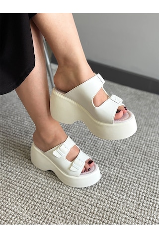 Asmi Shoes Kadın Wera Beyaz İki Tokalı Kalın Taban Ortopedik Sandalet&terlik