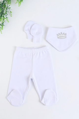 Nakış Desenli Müslin Erkek Bebek Hastane Çıkışı Bebek Kıyafetleri Yenidoğan Hastane Çıkış Seti 5 Li Beyaz