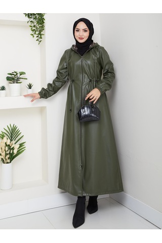 Hb Harma Time Butik Kadın Fermuarlı Kapüşonlu Şardonlu Haki Deri Kap