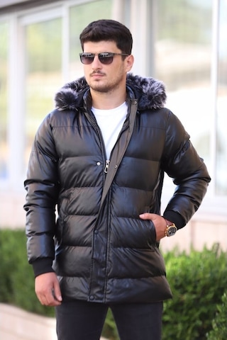 Prifaldi Erkek Kapüşonu Çıkarılabilir Siyah Şişme Uzun Deri Mont Siyah