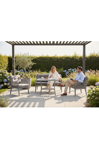 Kaş 2+1+1+sehpa Bahçe Balkon Mobilyası,gri Rattan/gri Kumaş Gri