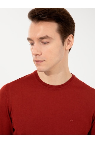 Cacharel Koyu Kiremit Slim Fit Bisiklet Yaka Basic Triko Kazak Kırmızı
