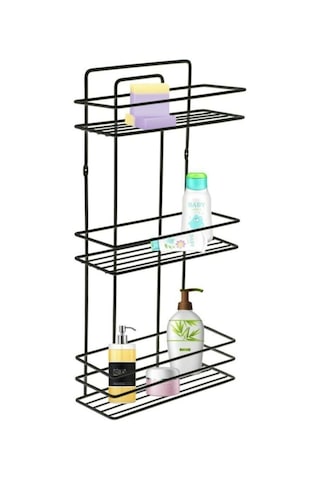 3 Katlı Siyah Yapışkanlı Banyo Rafı, 2 Kancalı Şampuanlık Düzenleyici, Paslanmaz Metal Banyo Askısı - TŞ-03