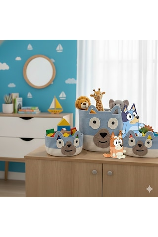 Bluey Orgnizer Sepet Takımı Çocuk Odası Kordon İpten Açık Mavi