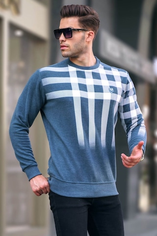 Madmext İndigo Bisiklet Yaka Baskılı Sweatshirt 6031 Mavi