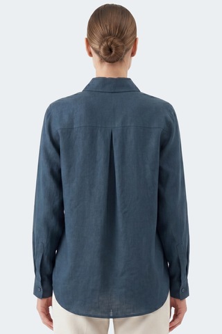 Goffra Kadın Gia %100 Doğal Keten Gömlek - Klasik Yaka Basic Minimalist Tasarım Lacivert W207-k0401-03