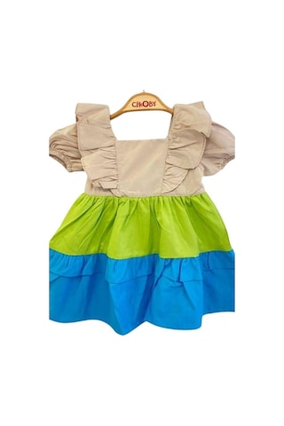 Çikoby Kız Bebek Fırfırlı Dokuma Elbise-13891 Çok Renkli