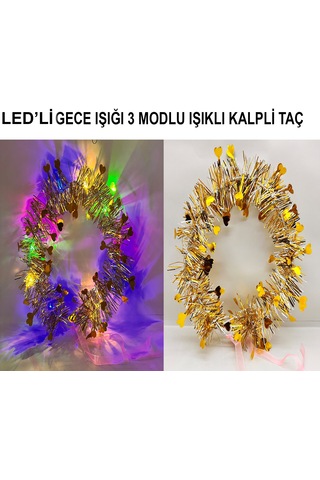 Kalp Püsküllü Gece Parıltısı 3 Modlu Led& 39 Li Işıklı Taç Altın Renk