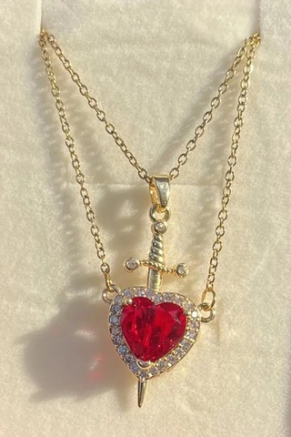 Altın Renk Kırmızı Taş Kalp Çift Kolyesi Çelik Kolye - 3411 Altın