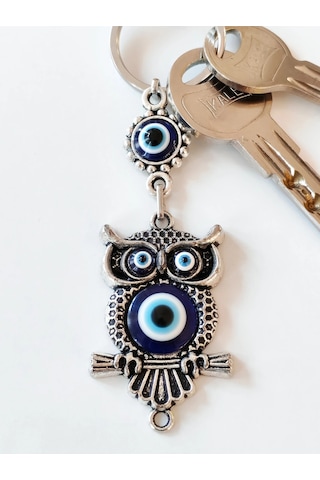 Moncuk Design Baykuş Şekilli Üzeri Cam Göz Süslemeli İnce İşlemeli Metal Anahtarlık