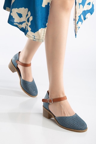 Analin Shoes Kadın Hakiki Deri Burnu Kapalı Delikli Sandalet Mavi