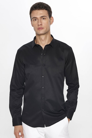 Tudors Erkek Modern Slim Fit Dar Kesim Uzun Kollu Pamuklu Kolay Ütü Armürlü Siyah Gömlek-31494-siyah Siyah