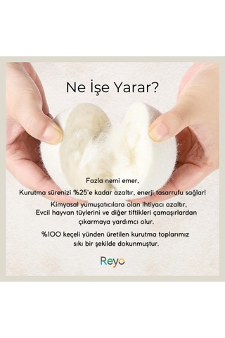 Reyo Yün Çamaşır Kurutma Makinası Topu 3 Adet Xl %100 Organik Beyaz