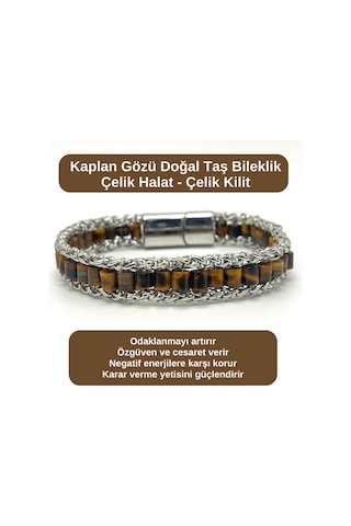 Sertifikalı Kaplan Gözü Doğal Taş Bileklik Çelik Halat Çelik Kilit Çok Renkli